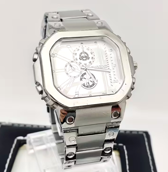 Men Stainless Steel Alloy Quartz Watch Silvery-Tone Accents Rectangular Dial