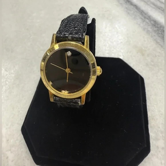 Movado Men Yellow Gold Watch Concave Dot Museum Dial – Black Strap (0607591)
