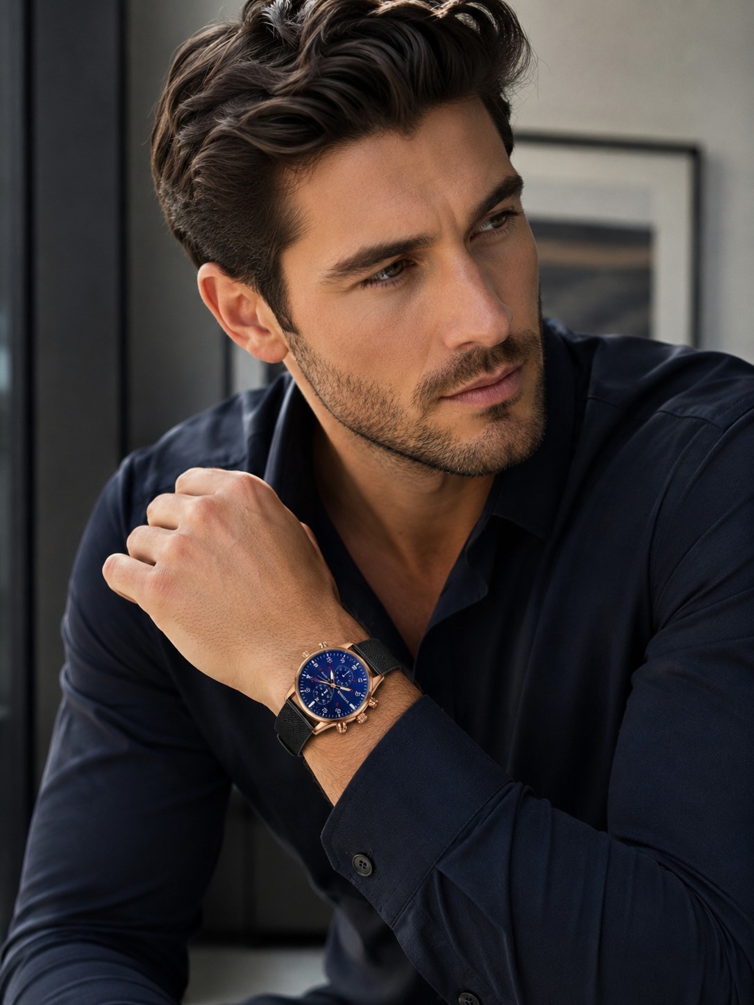 MIGEER Blue Dial Chronograph Watch with Rose Gold Case & Mesh Band