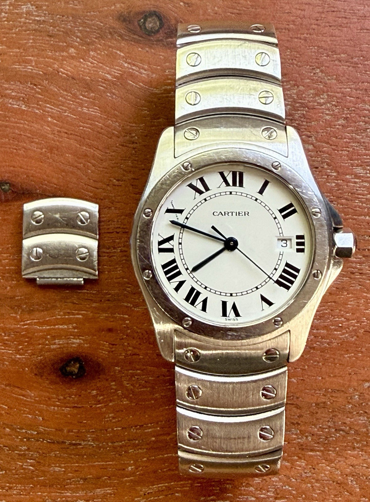 Vintage Cartier Santos Ronde Date 1561 White Roman Dial 30mm Steel Watch Only