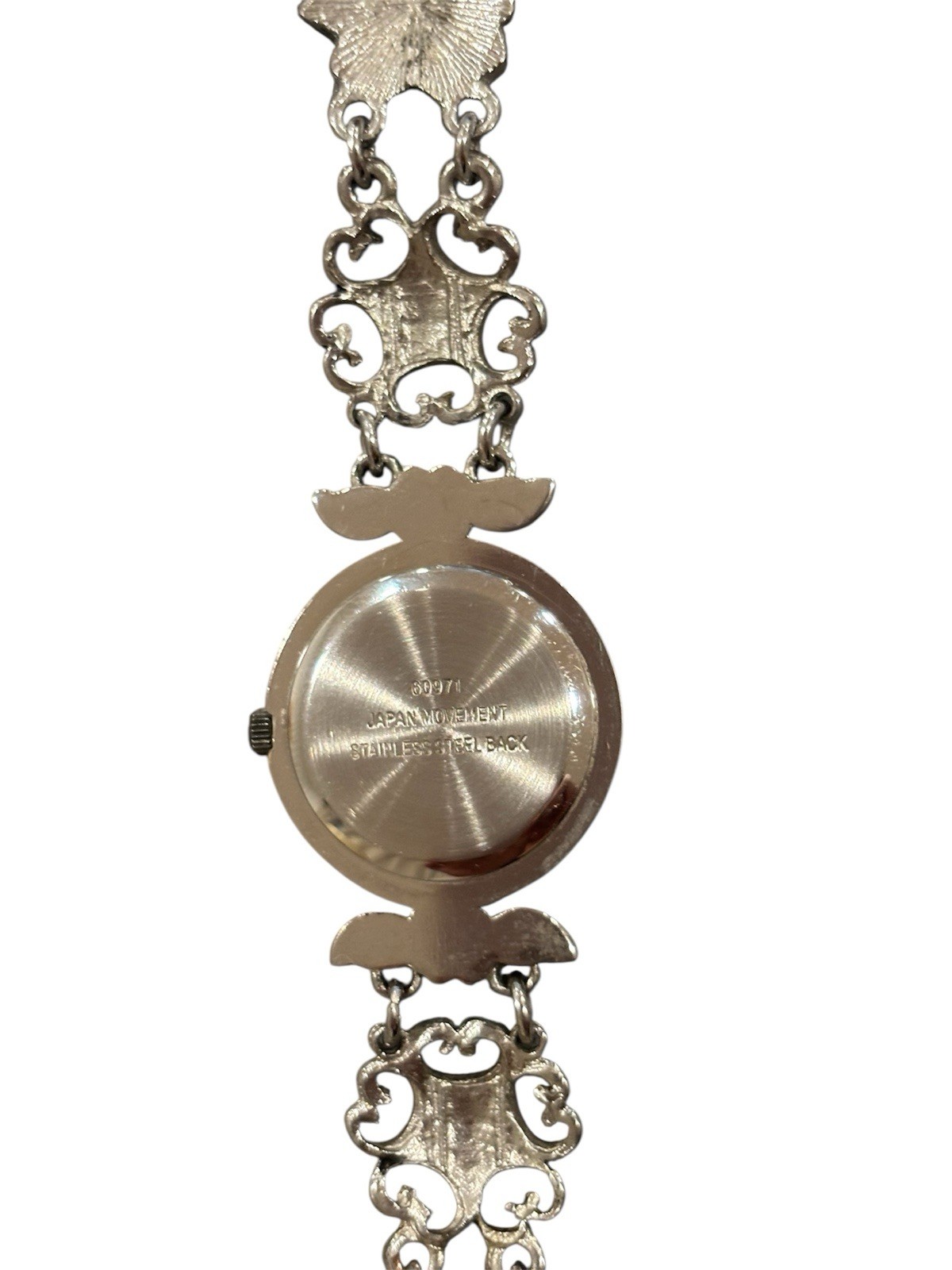 Silver Tone Floral Filigree Bracelet Watch Japan Mother of Pearl New Battery
