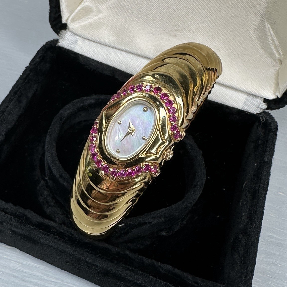 Franklin Mint 1990 Alfred Durante Cuff Watch Gold Ruby MOP Swiss