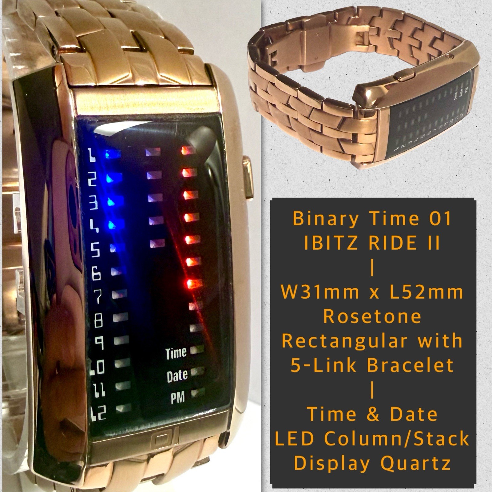 IBIZA RIDE II Binary Time Date/Day | Rosetone W31mm x L52mm Digital Quartz Watch