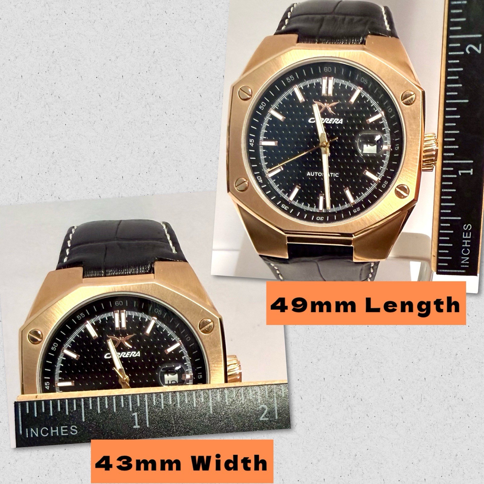 43mm Auto | Rosetone Octagonal Bezel | Black Dial & Leather Strap CARERA Watch