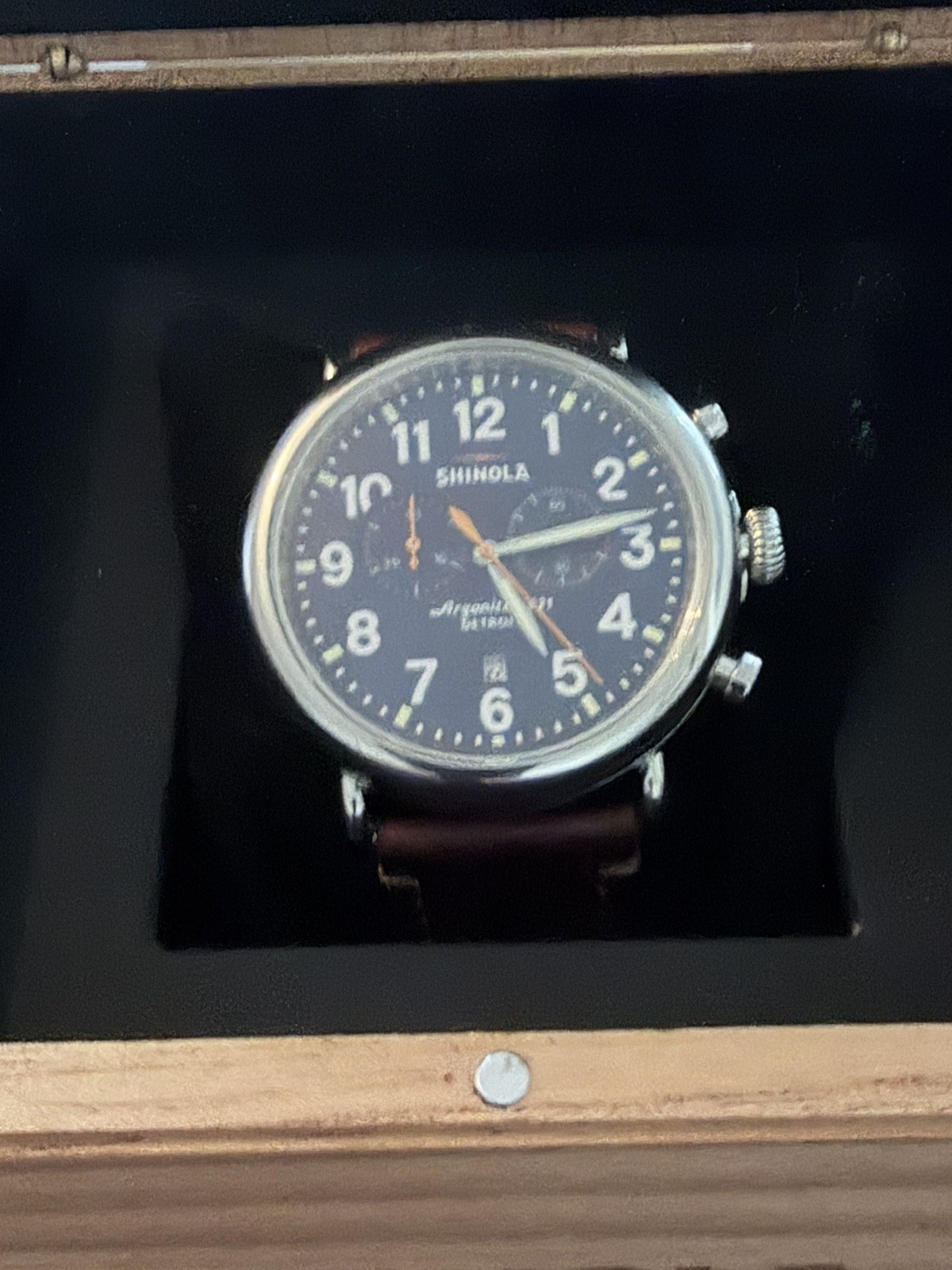 Shinola Runwell Argonite Chronograph 45mm Blue Dial Brown Leather Strap