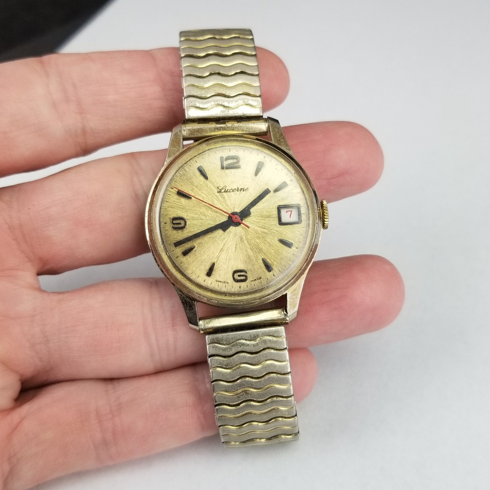 RARE vintage mens watch Lucerne manual hand wind STARBURST DIAL!