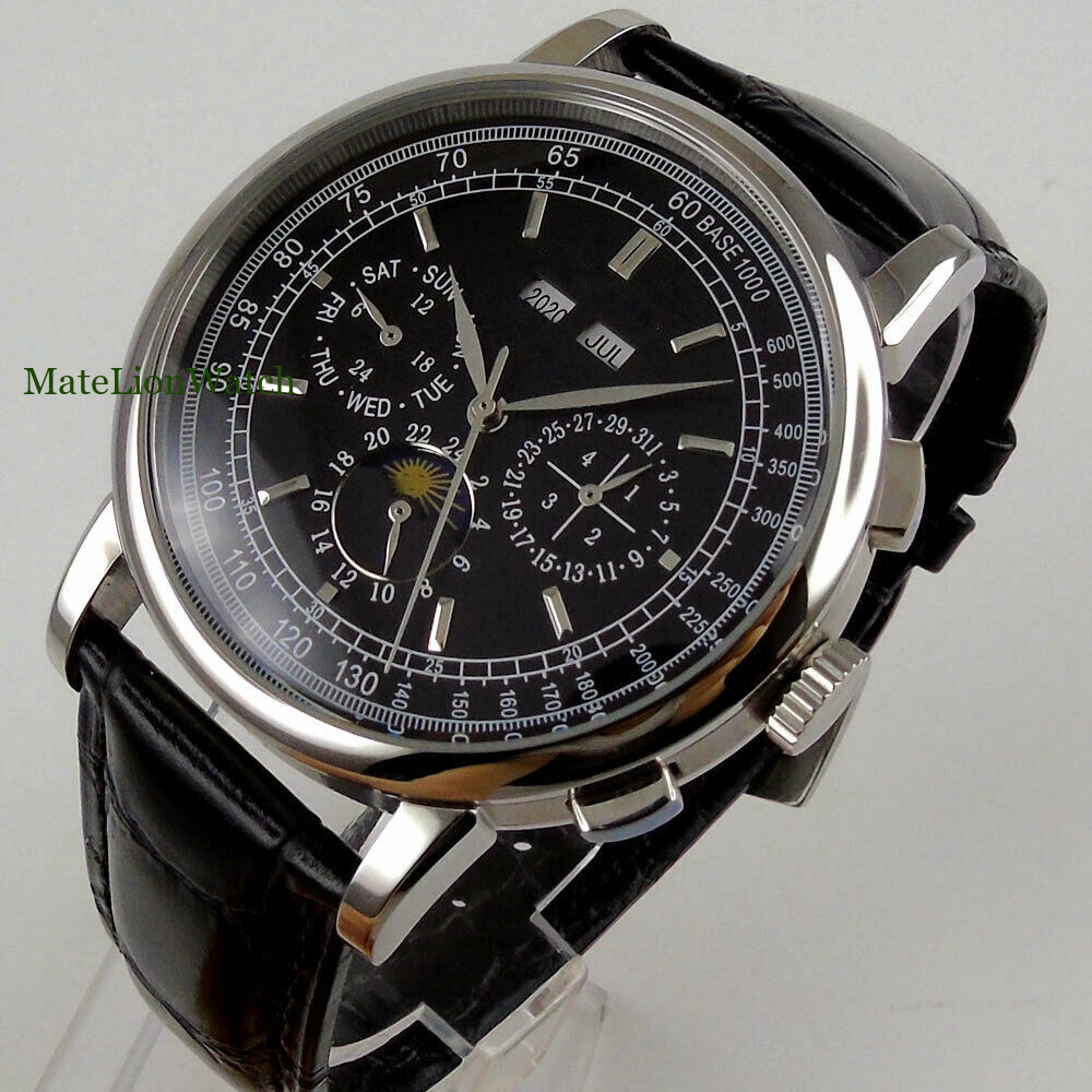 42mm Sterile Automatic Mens Watch Date Month Year Week Leather Strap White/Black