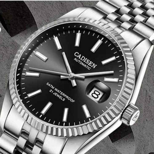 Cadisen 8053 38mm Sapphire Date Luminous Black fluted Jubilee Bracelet 8215