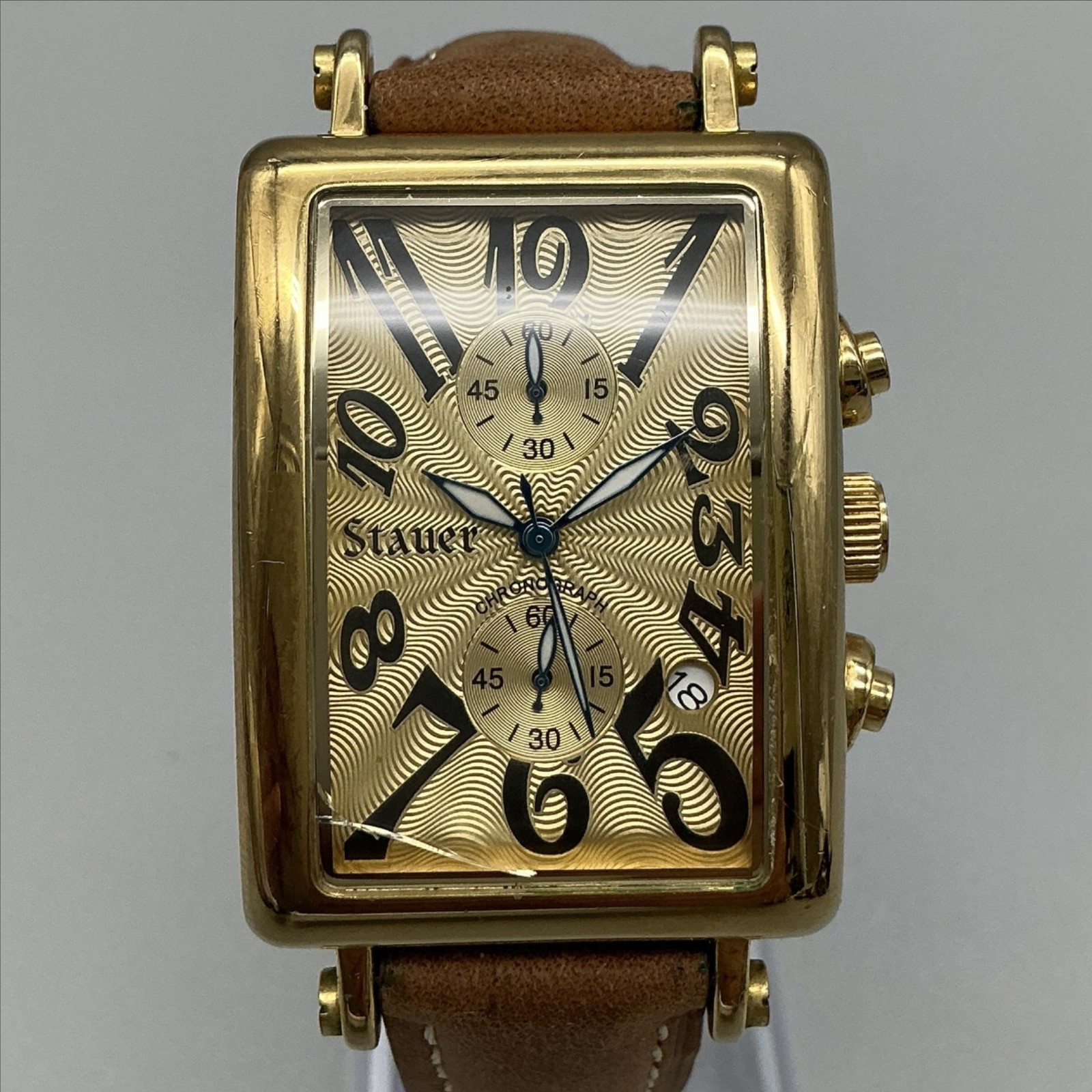 Stauer 20413 Mens Chronograph Watch 31mm Gold Tone CRYSTAL CRACKED New Battery