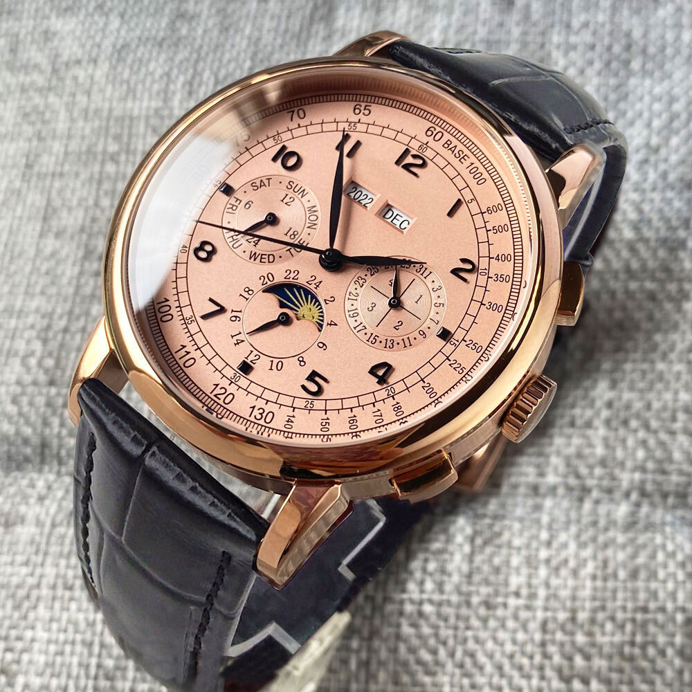 Corgeut 42mm Rose Gold Automatic Mens Watch Week Date Month Year Day/Night