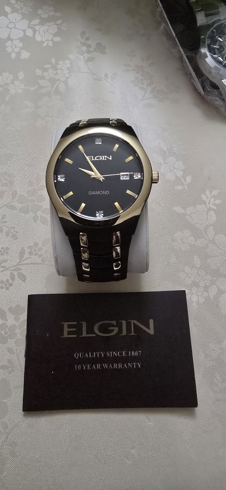 Elgin Diamond Men’s Quartz Watch Black Dial Date Black/Rose Bracelet No Box