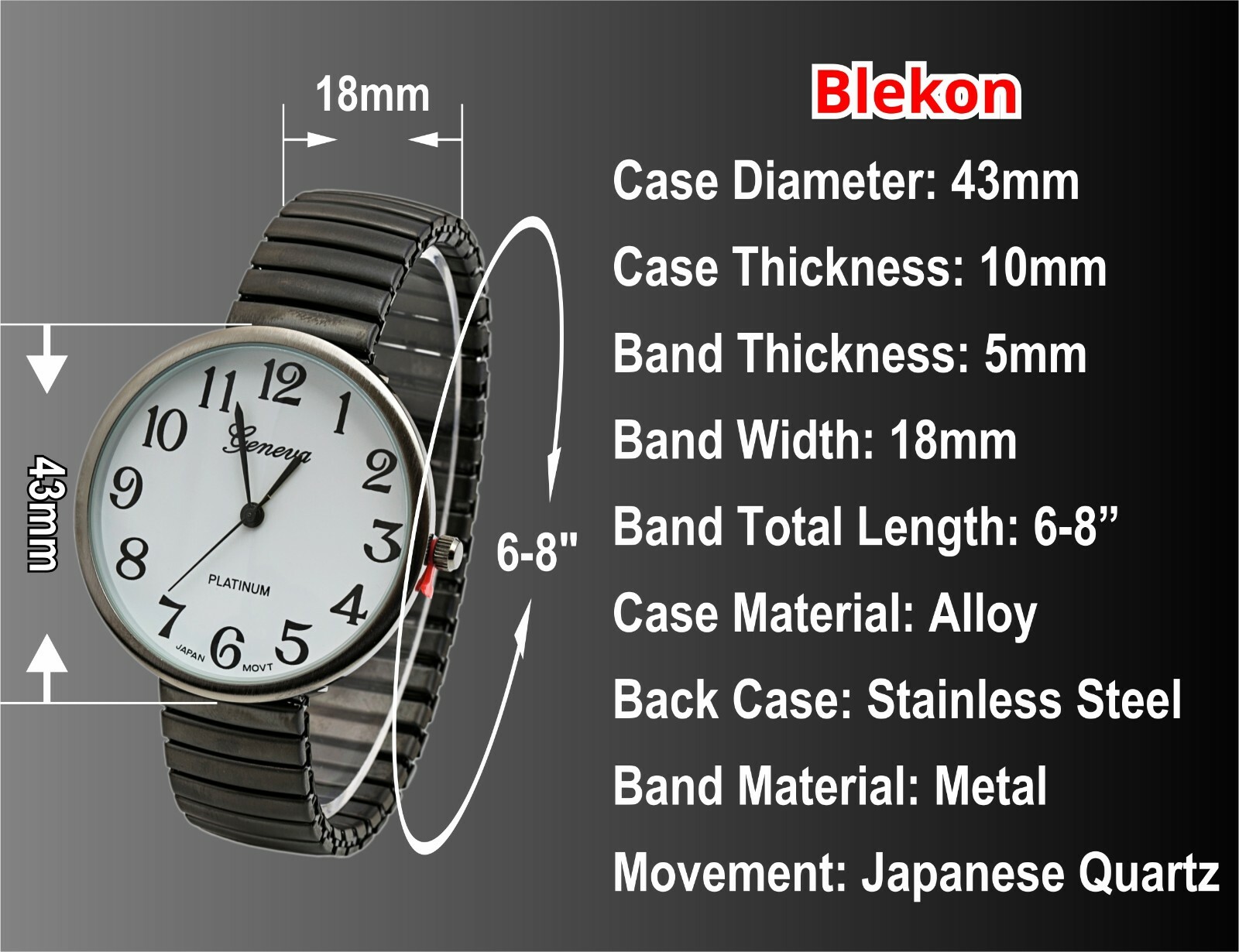 Blekon Collections Geneva Super Large 43mm Face Large Stretch Band Fashion Watch
