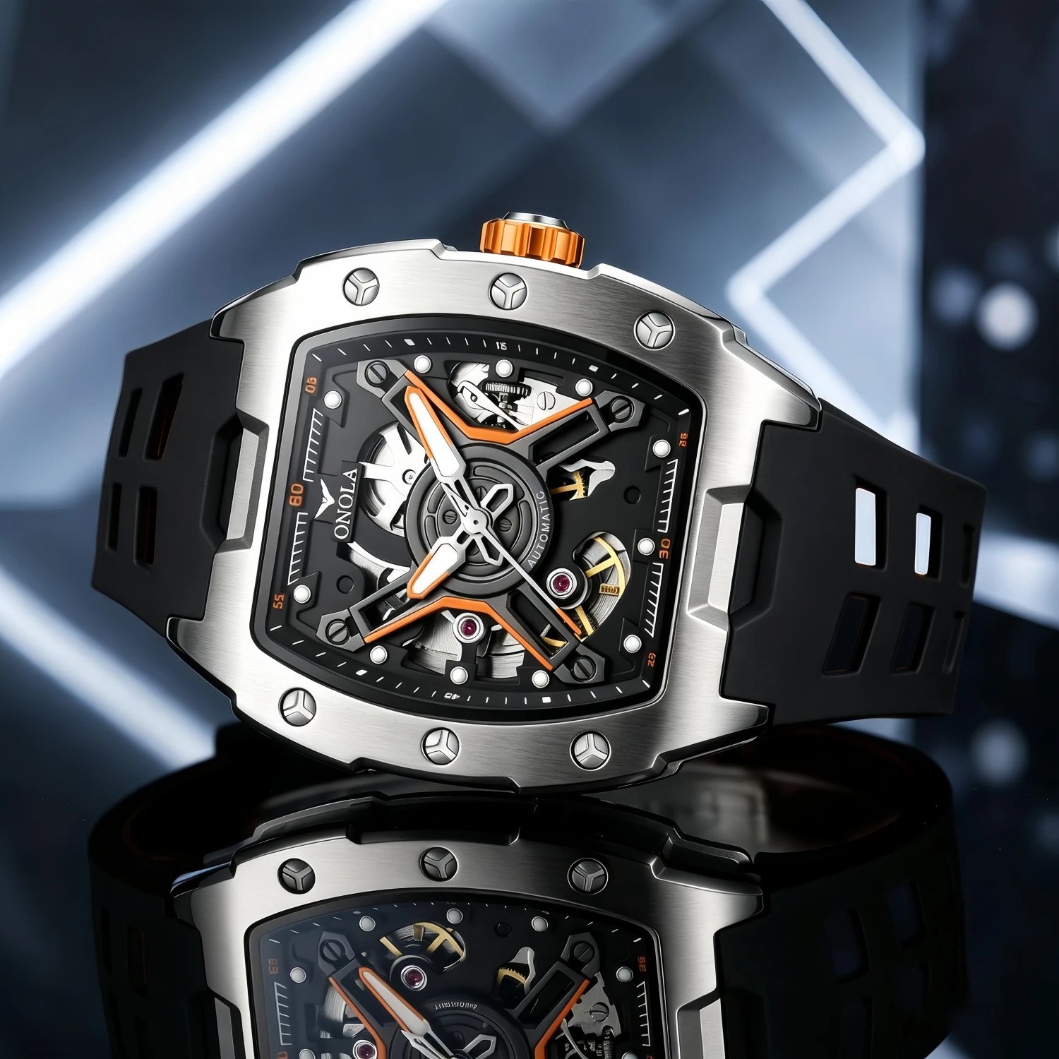 ONOLA Automatic Mechanical Mens Watch With A Silicone Strap And Water Resistance