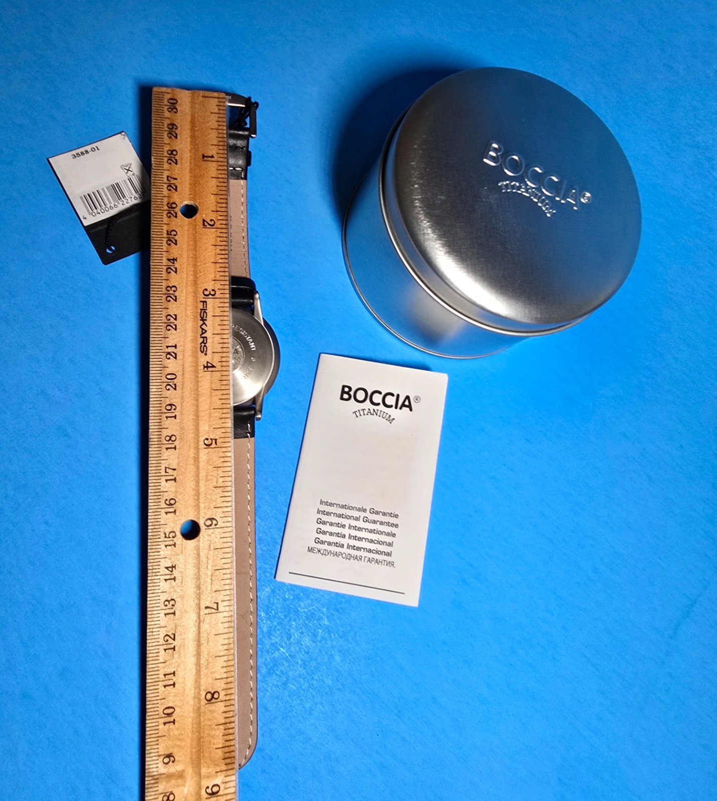 Boccia Titanium Men’s Watch #3588 with Black Leather band in original packaging