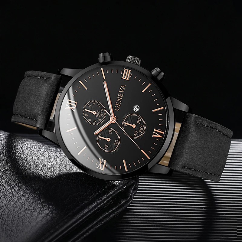 1/3PCS Men’s Watch Casual Leather Band Analog Quartz Watches with Calendar