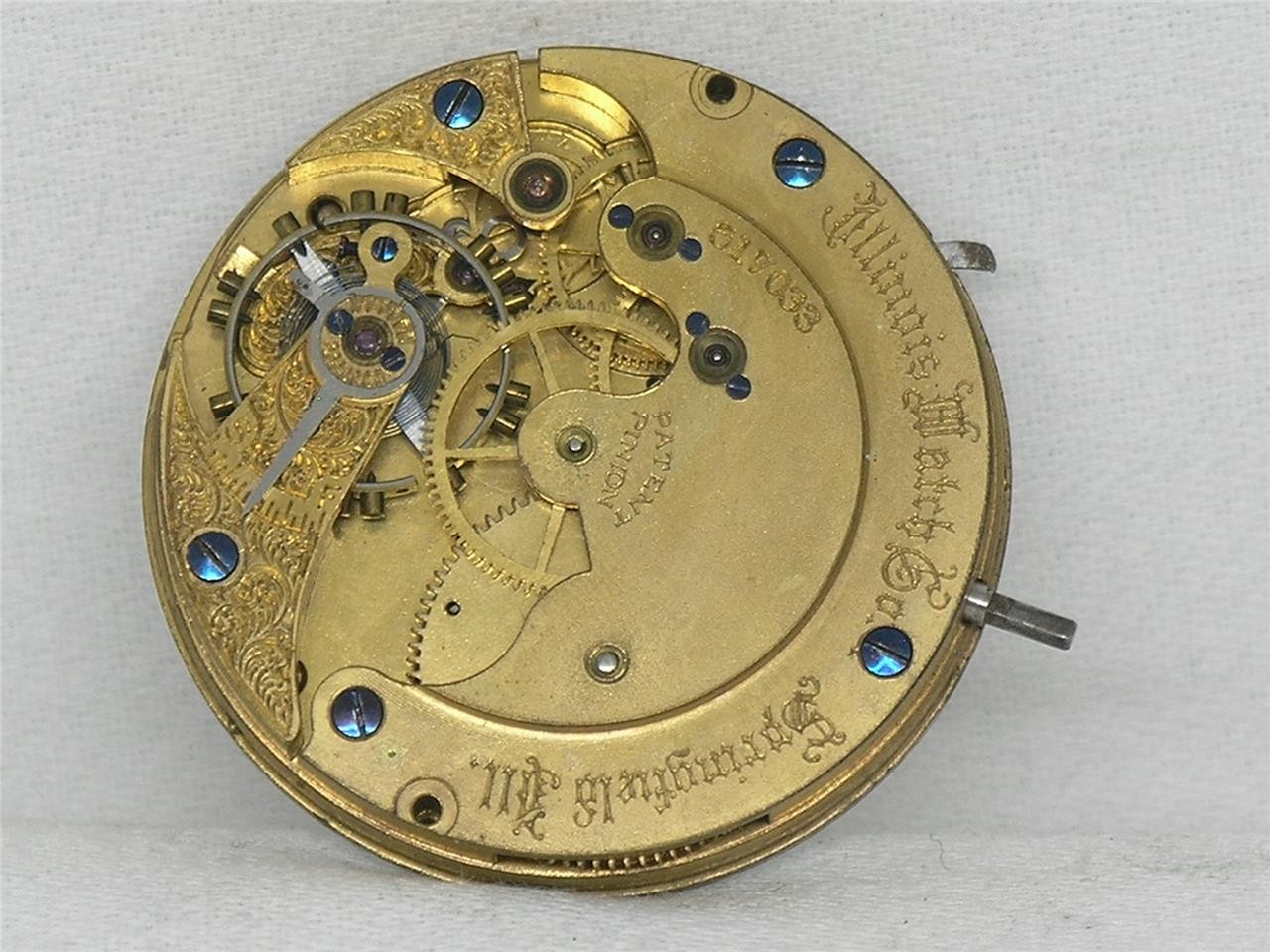 ANTIQUE 8S ILLINOIS 11 JEWEL GRADE 152 POCKET WATCH MOVEMENT & DIAL, RUNNING