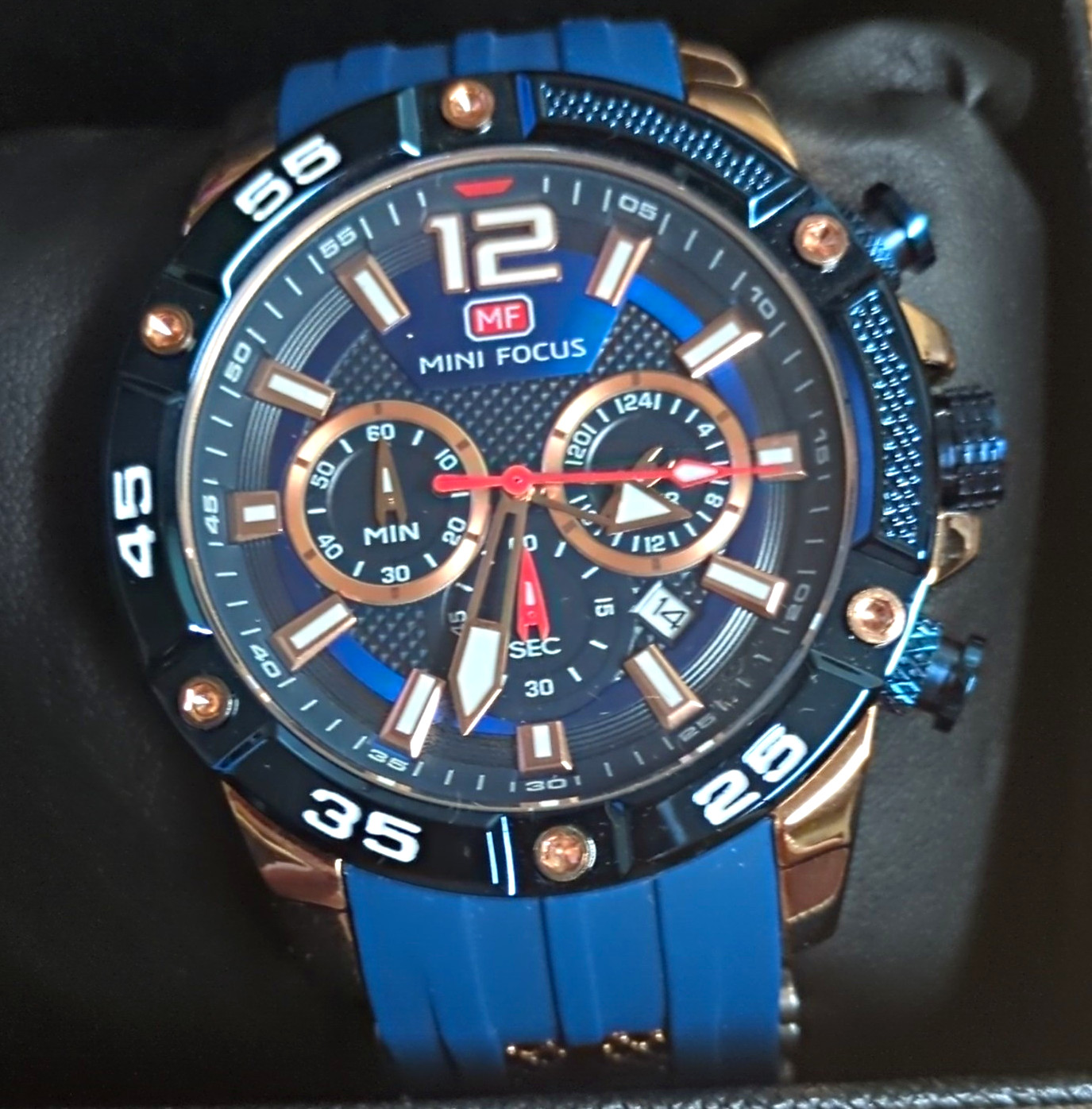 MINI FOCUS Men’s Quartz Chronograph Date 24-Hour Blue Dial Strap Watch w/Box