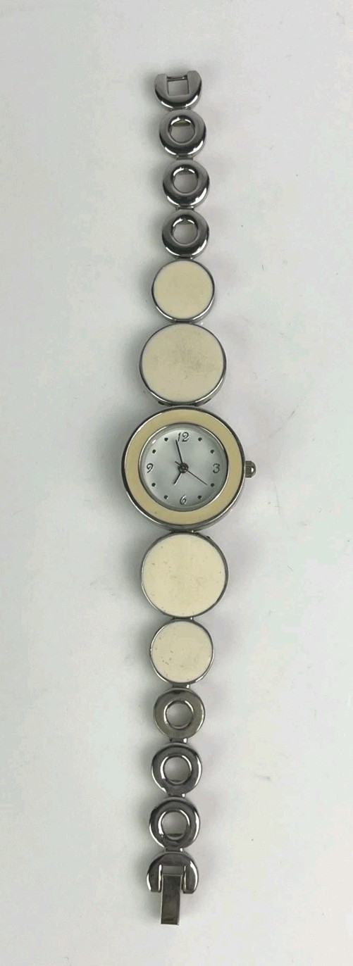 FMD Women’s 25mm Fashion Watch Silver Tone Cream Circles FMDCT268 New Battery