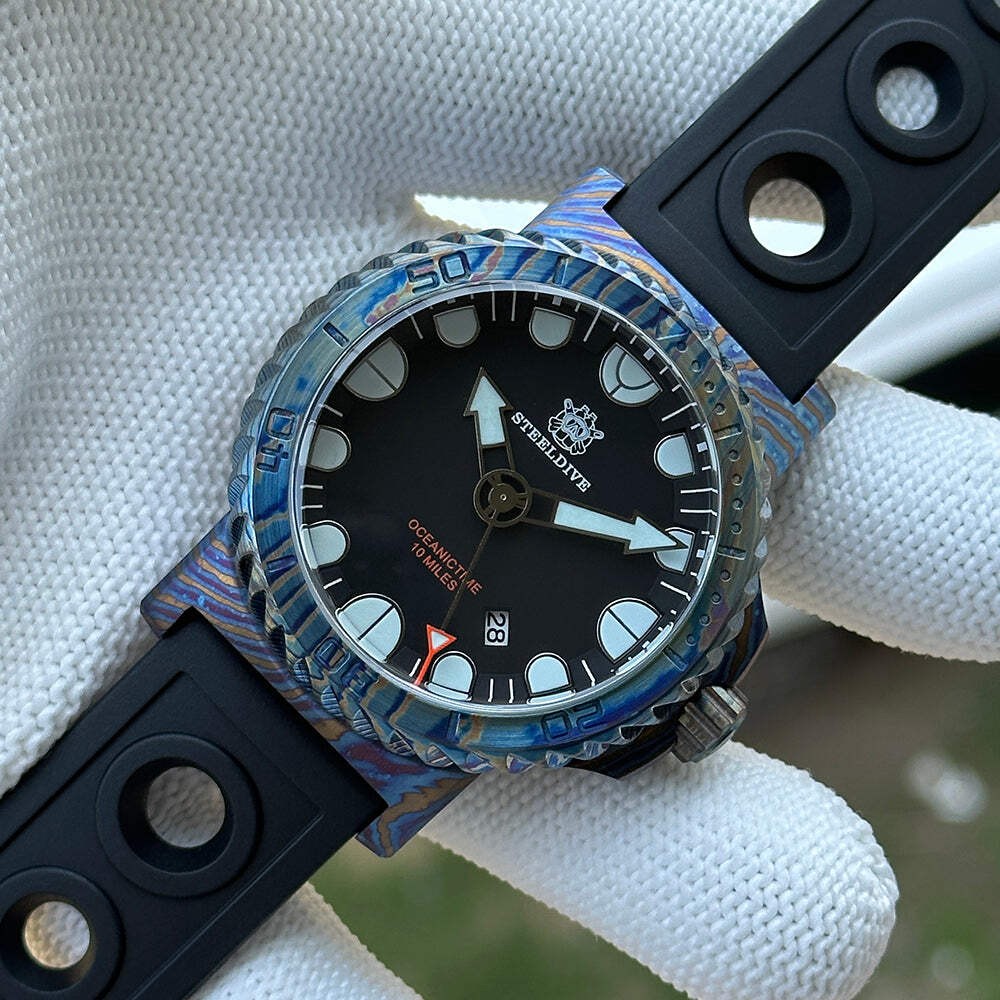 STEELDIVE SD1982Y — 46.5MM Titanium Damascus NH35 Dive Watch Sapphire Glass