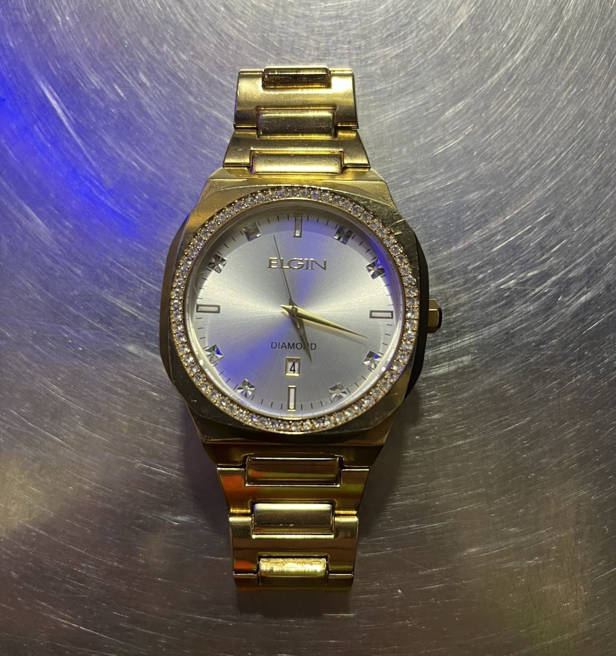 Elgin Diamond Men’s Quartz Dress Watch Gold Tone SS Silver Dial Date 35mm