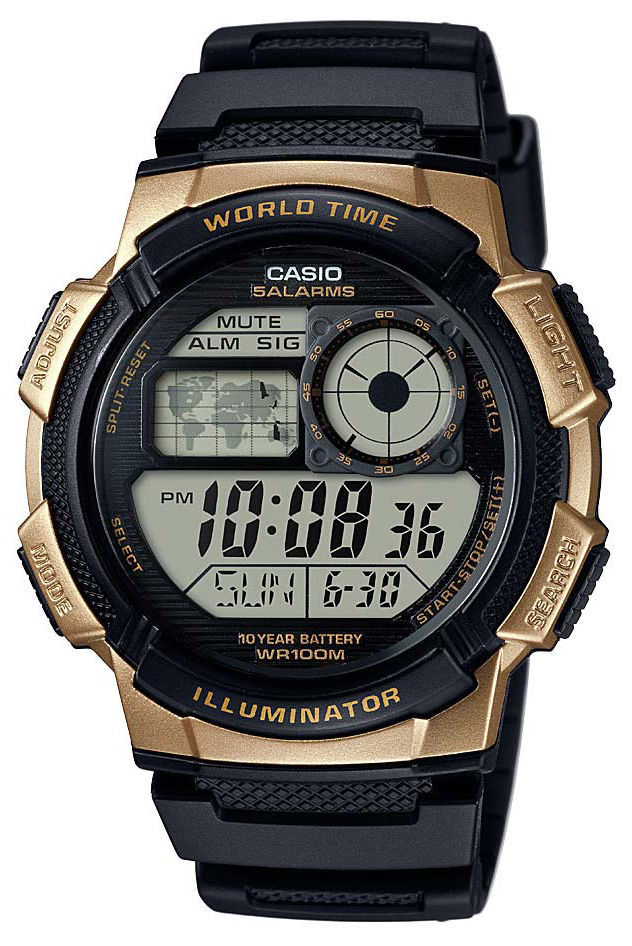 Casio AE1000W-1A3V, World Time Watch, 100M, 5 Alarms,Chronograph,10 Year Battery