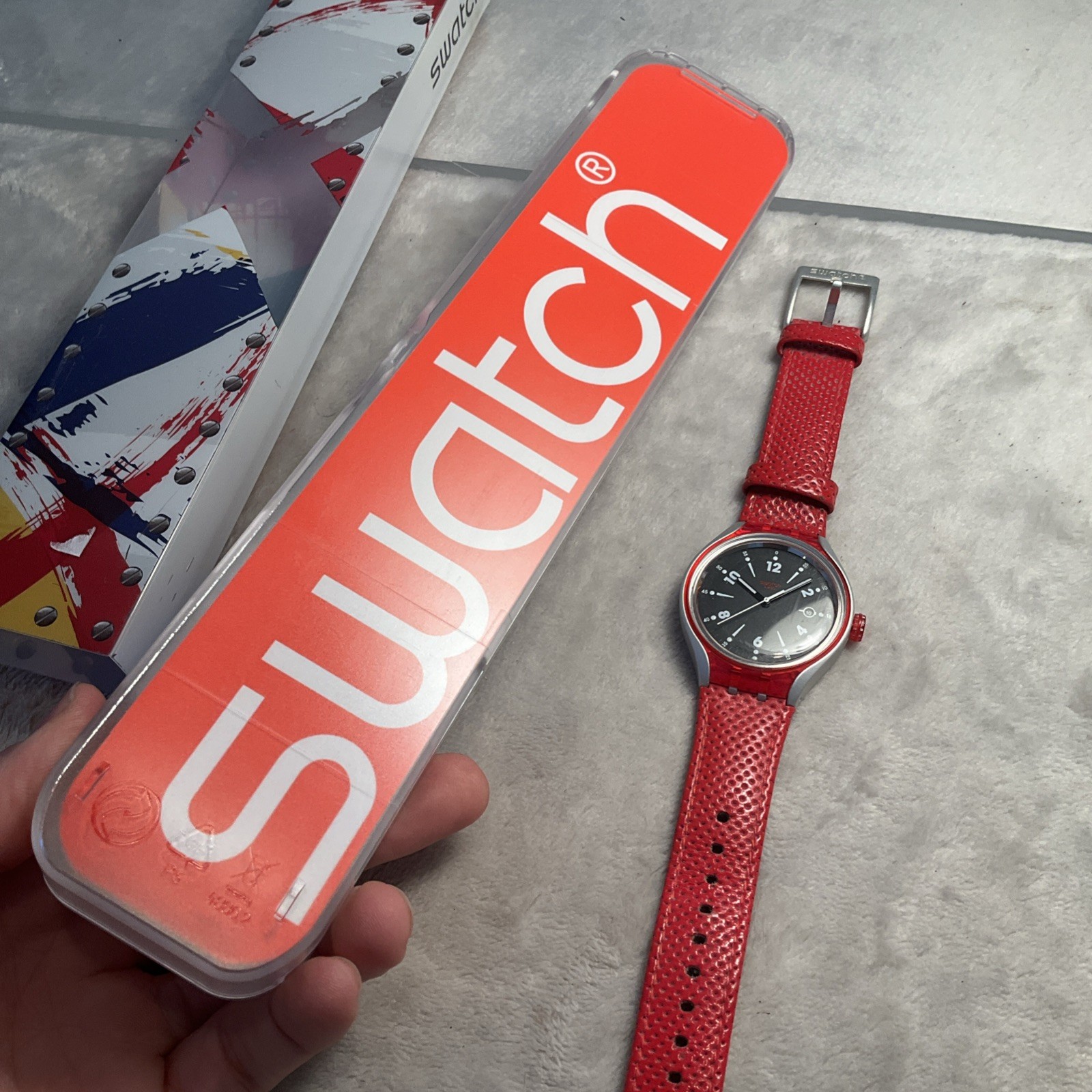 New Swatch Irony GO JUMP X-lite Aluminum Red Leather Men’s Watch YES4001 Works!