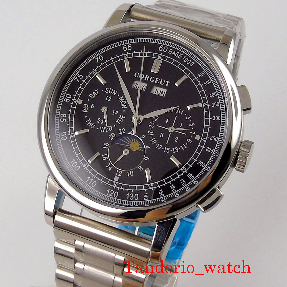 Corgeut 42mm Pilot Automatic Mne’s Watch Date month Year Function Mental Strap
