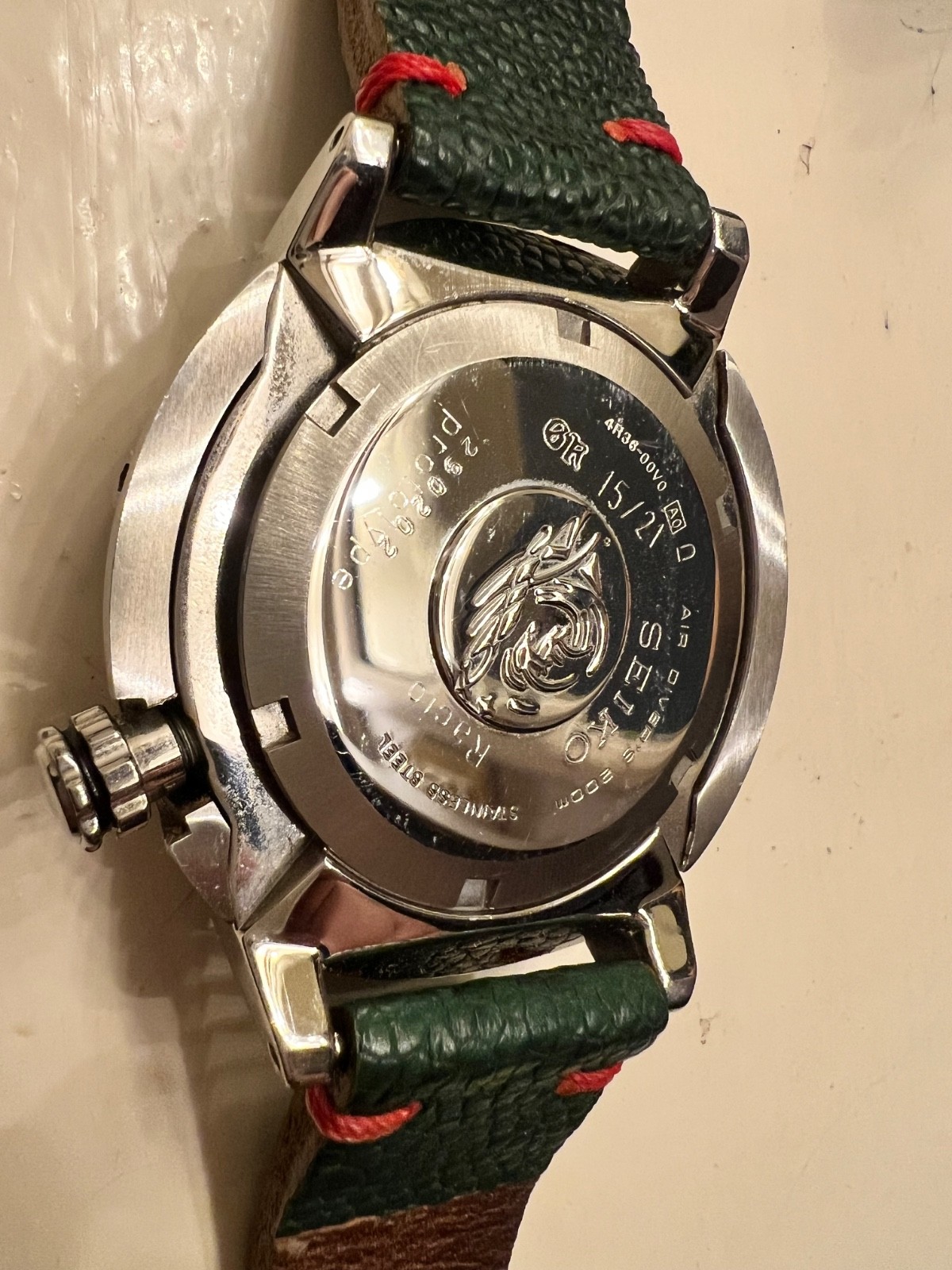 ⁠Seiko Custom DIVER 4R36 AUTOMATIC “Baby Tuna” Green Dial Toad Leather Watch