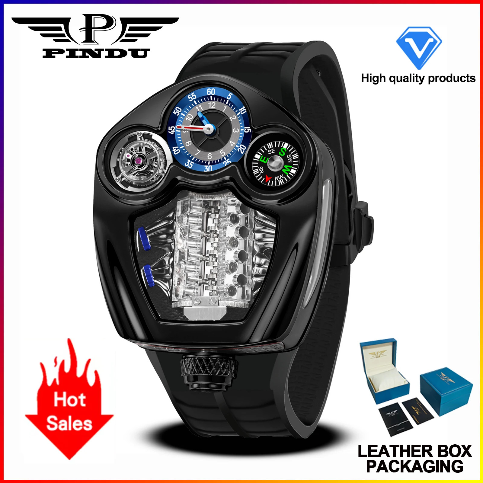 PINDU Engine Series Watch Men Compass Waterproof Swiss Quartz 762 Movement