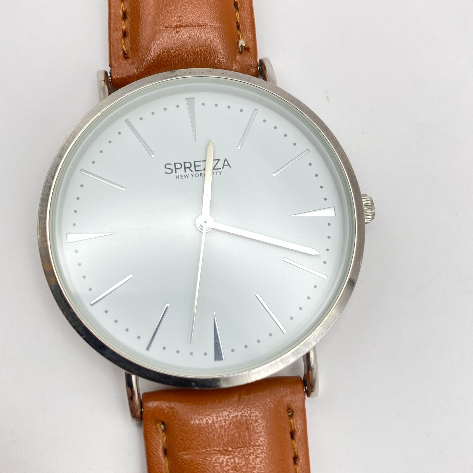 Sprezza Watch Men Silver Tone White Dial 40MM Case Faux Leather – Needs Battery