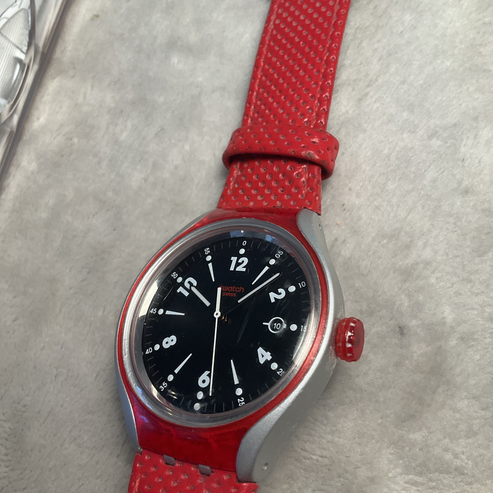 New Swatch Irony GO JUMP X-lite Aluminum Red Leather Men’s Watch YES4001 Works!