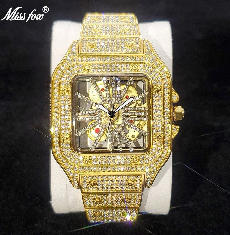 Missfox Gold Tone Square Skeleton Dial Automatic Bracelet Watch, Exhibition