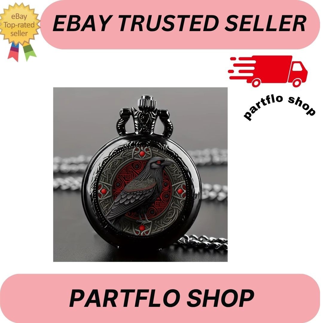 Gothic Design Black Raven Pocket Watch With Necklace Alloy