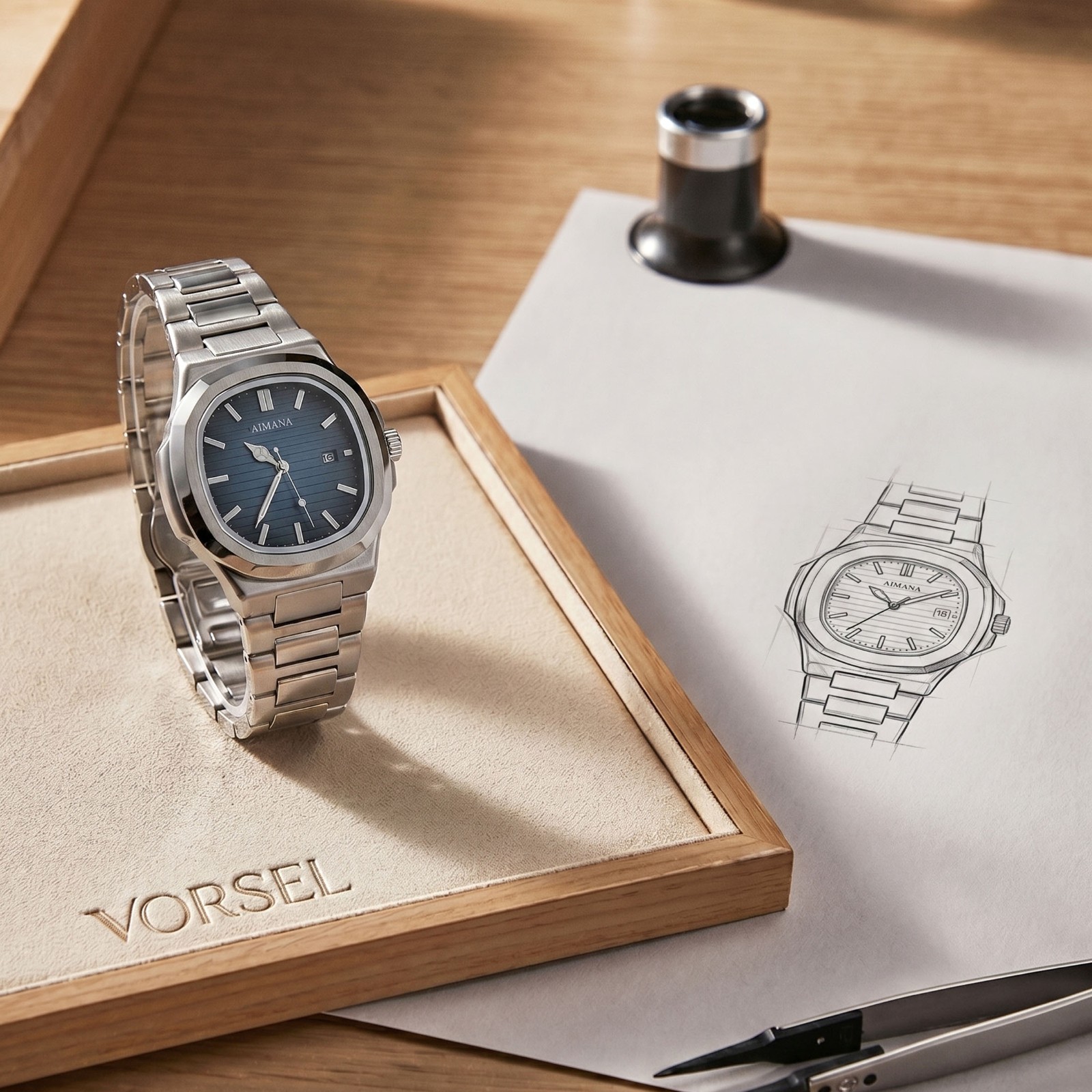 VORSEL Classic Men’s Square Quartz Watch Silver Steel Blue Dial Calendar Watches