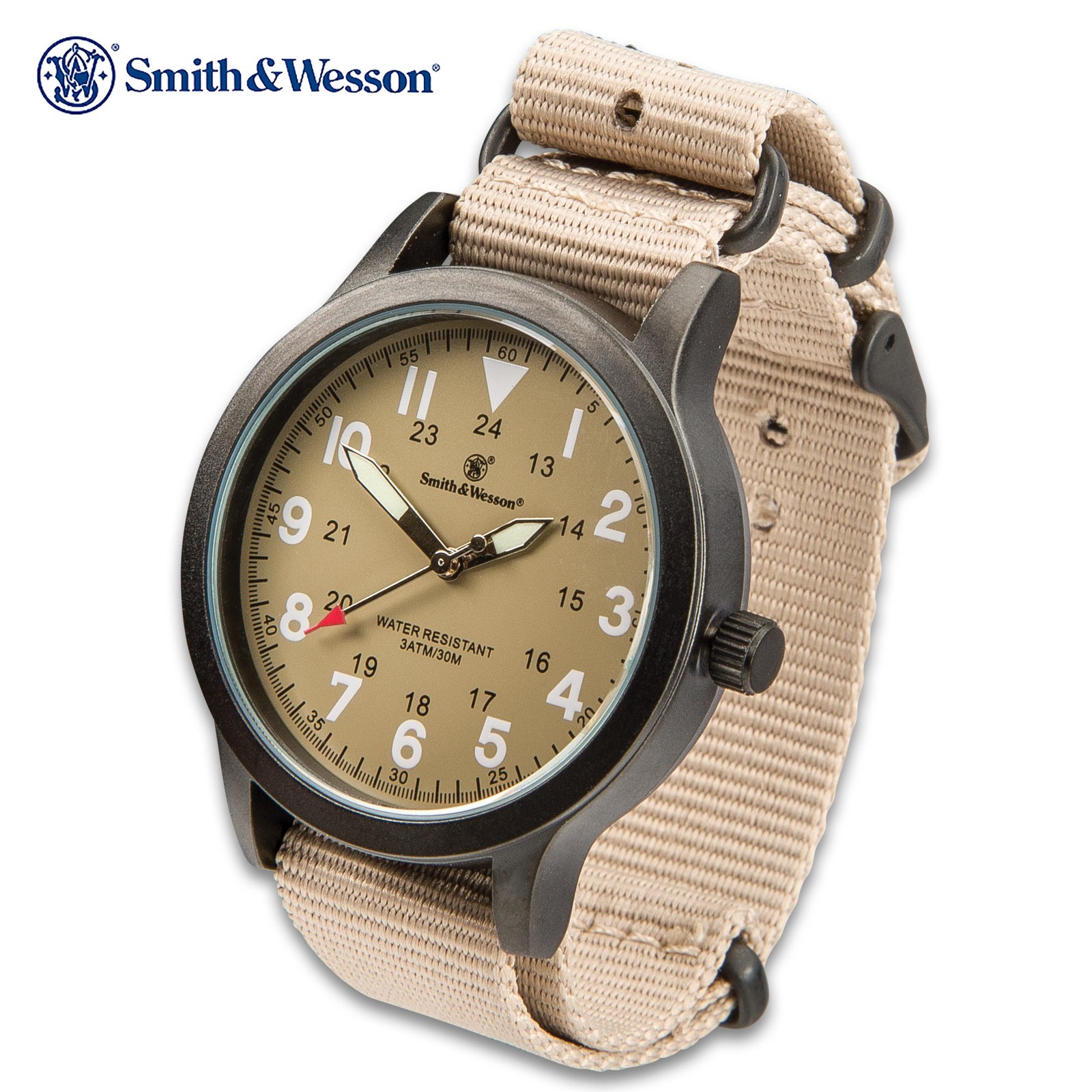 Smith & Wesson Tan Canvas Tactical Military Case 30m Water Resistant Watch