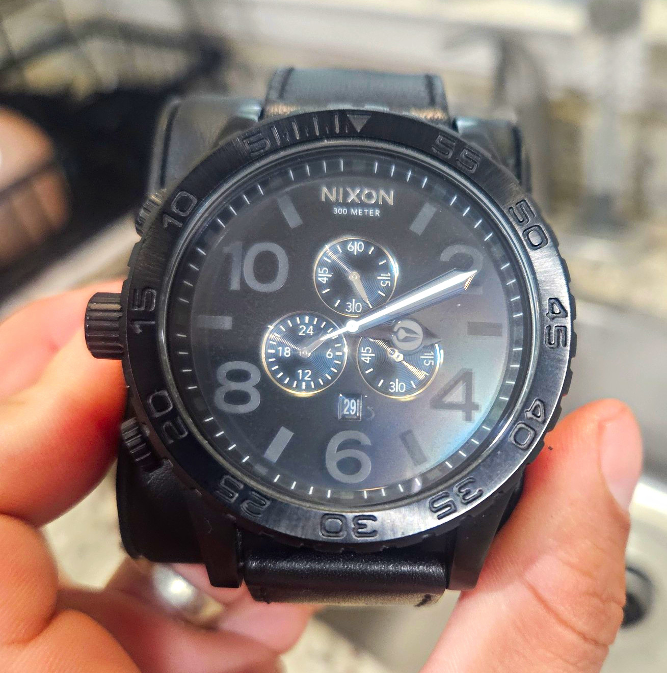 Nixon 51-30 Quartz Black Dial/Case Leather Strap Chrono 51mm Brand New Battery