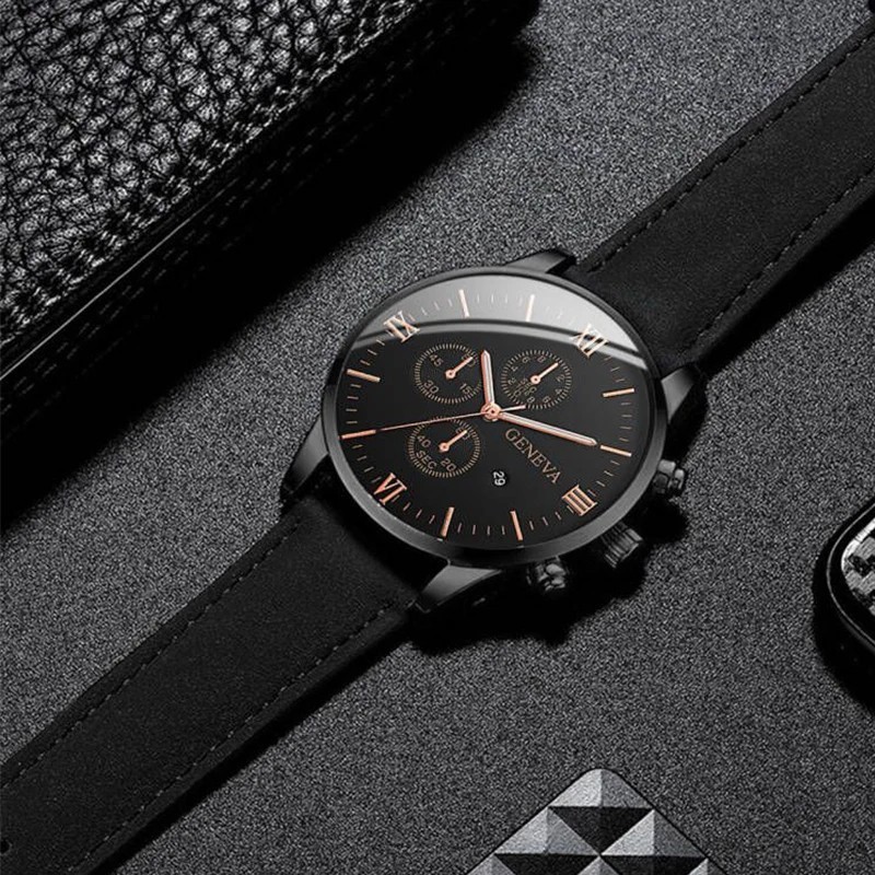 1/3PCS Men’s Watch Casual Leather Band Analog Quartz Watches with Calendar