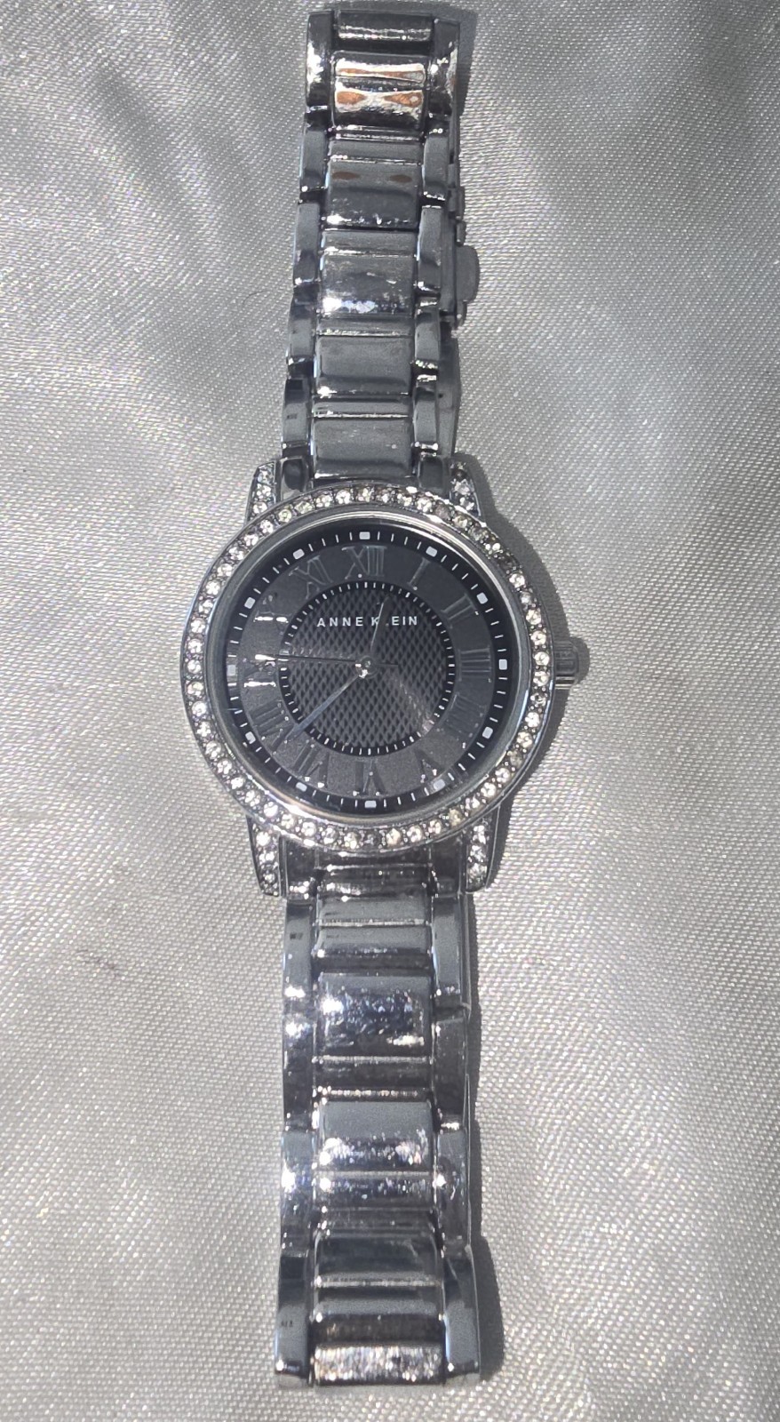 Anne Klein Women’s Quartz Dress Watch Black Dial Silver Bracelet Crystal Bezel
