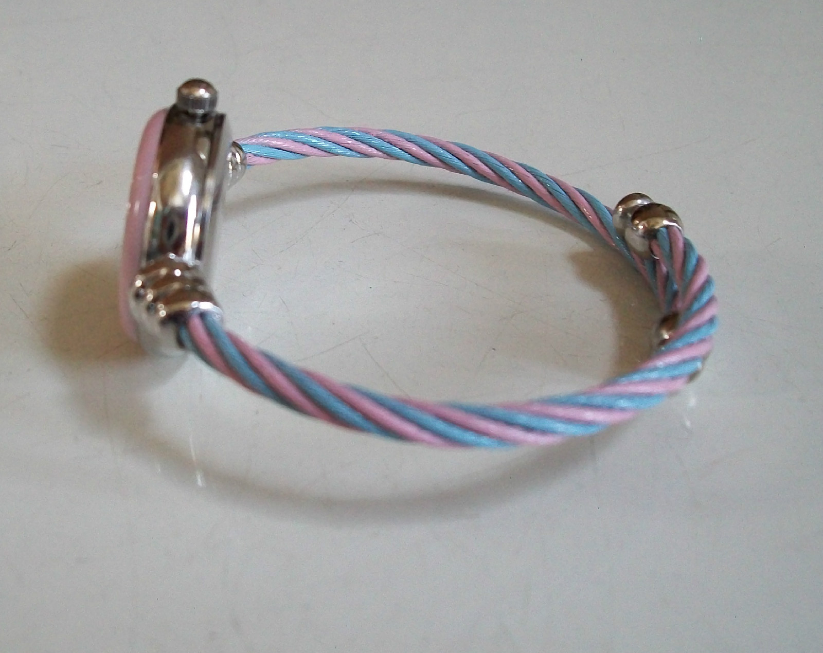 Pink & Blue Silver Finish Cable Band Bangle Cuff Fashion Women’s Girl’s Watch