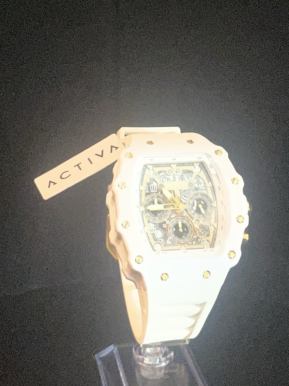 Activa Chronograph White Silicone Strap Skeleton Dial Date Watch 43mm – New