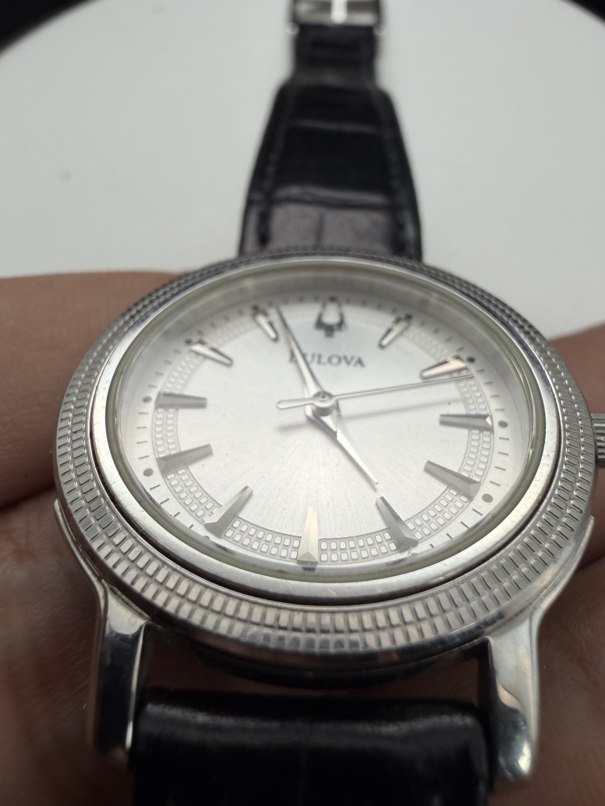 Bulova Metro Men’s Analog Watch Silver Dial Black Leather Band No Date