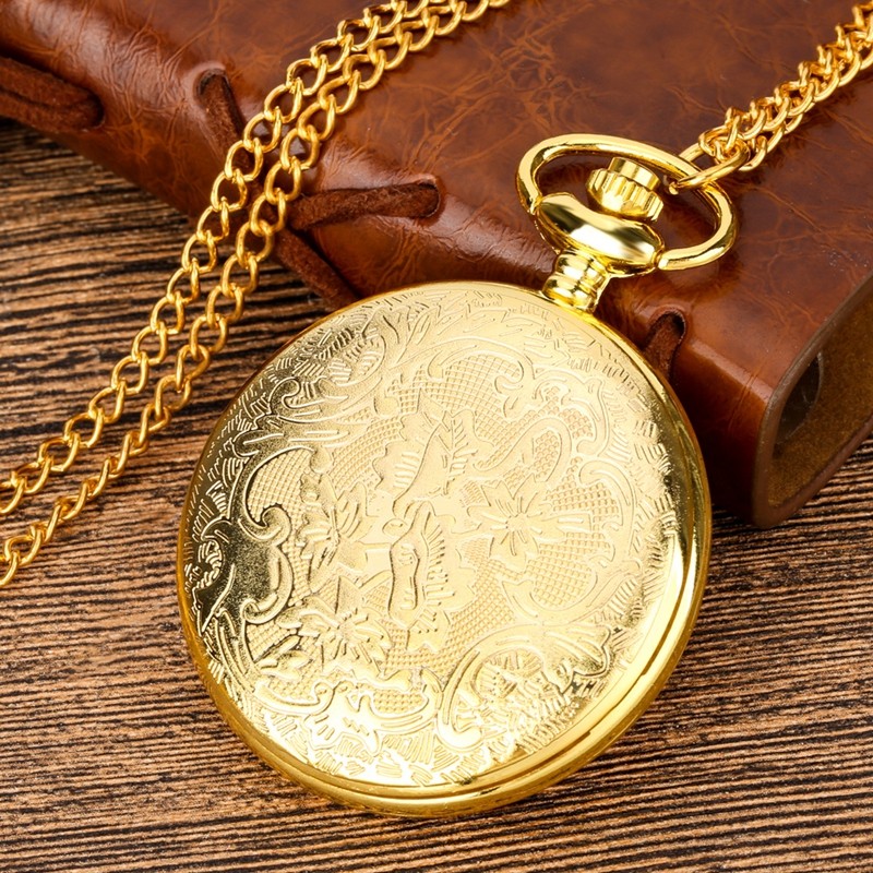 Hollow Bronze/Gold Case Quartz Pocket Watch Pendant Sweater Chain for Women Men
