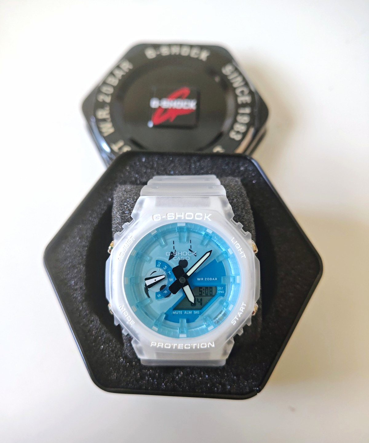 Casio G-SHOCK Analog-Digital Clear Resin Watch Blue Dial 200m Quartz w/ Tin