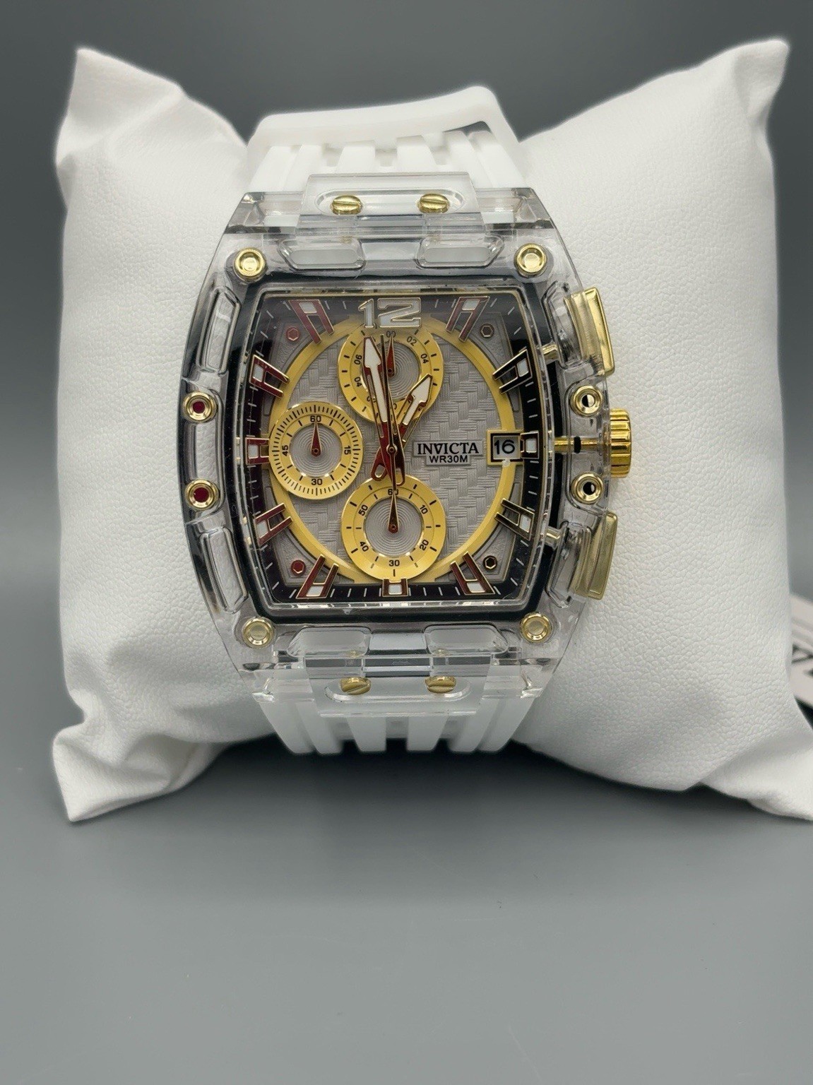 Invicta S1 Rally 70147 Men’s 42mm Clear Case White Strap Gold Tone Watch