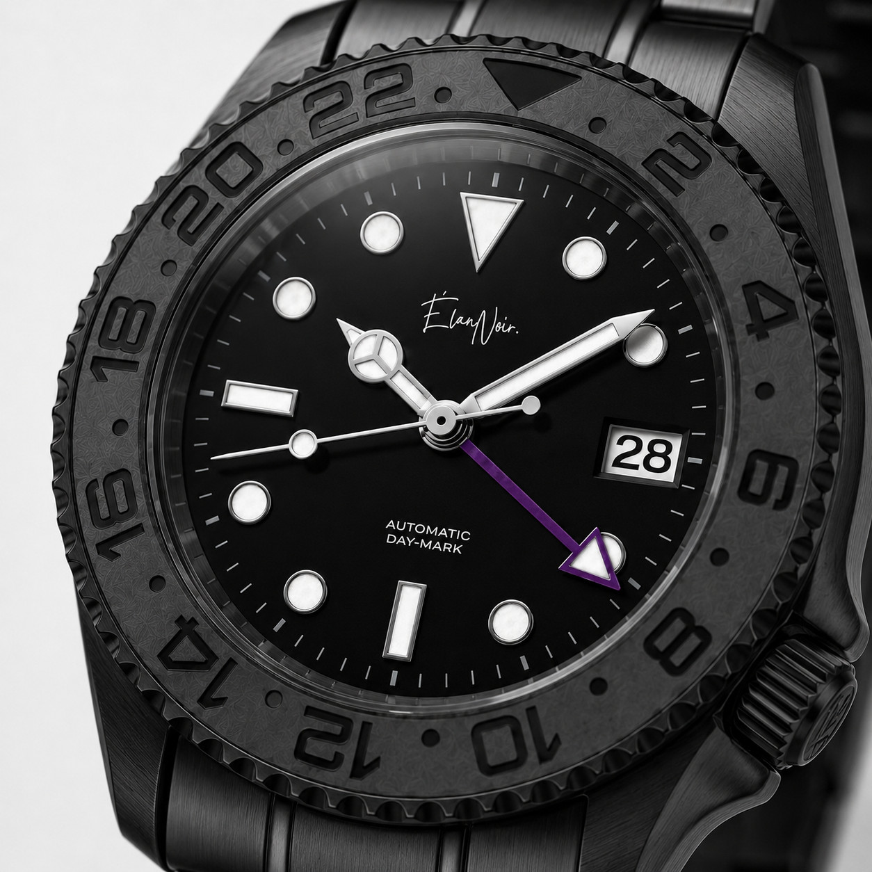 Élan Noir Automatic Day Date GMT Watch 41mm BlackOut NH35 Stainless Steel Purple