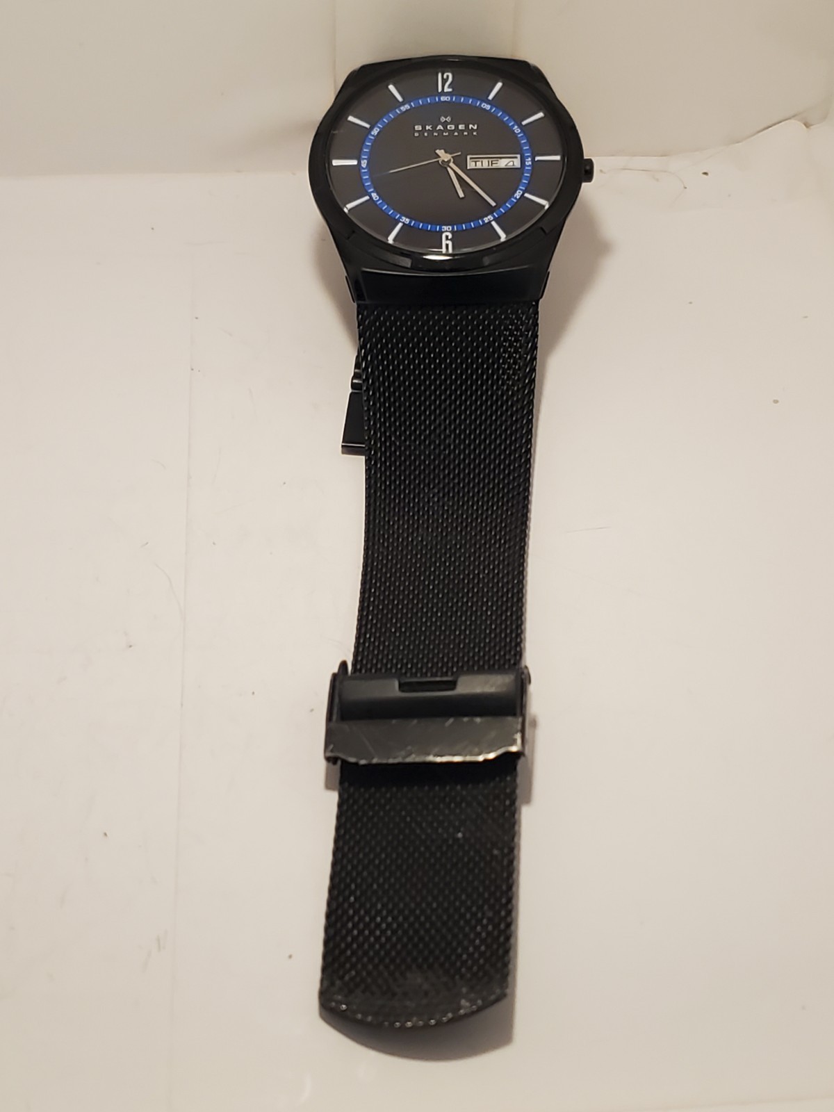 Skagen Denmark SKW6091 Men’s Titanium Day Date Black Blue Mesh Quartz Watch