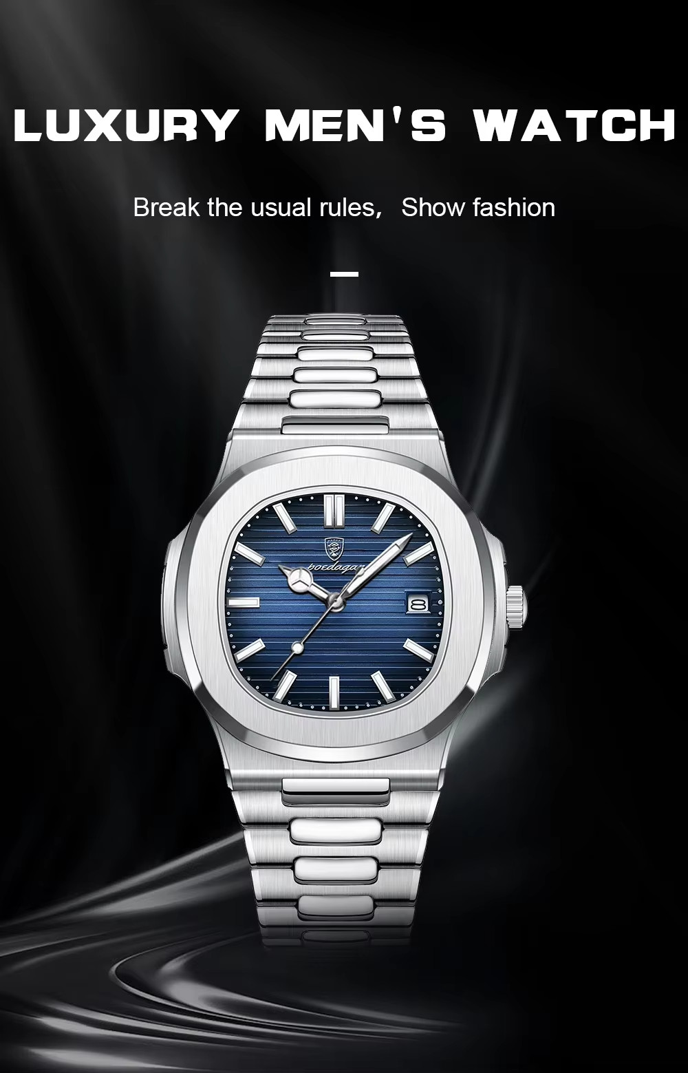 POEDAGAR Luxury Business Men’s Quartz Watch 3Bar Square Luminous Date Stainless