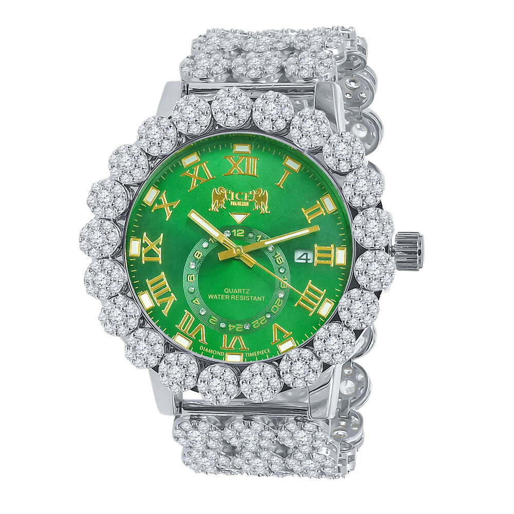 Green Emerald White Gold Tone Finish Real Diamond Flower Custom Band Bezel Watch