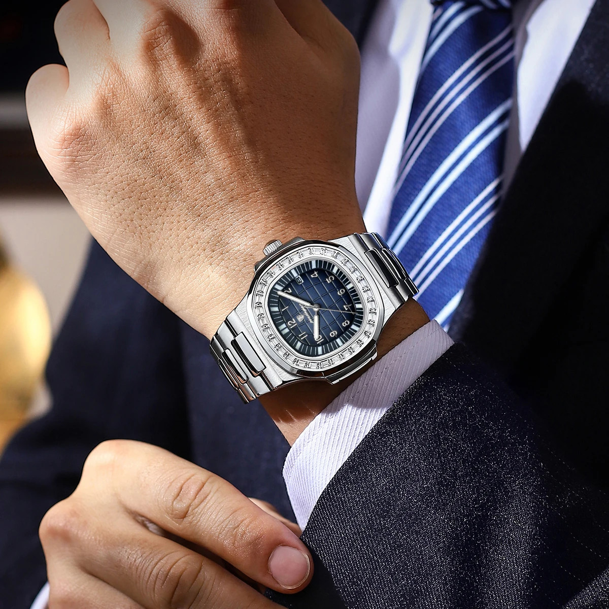 POEDAGAR Men’s Square Quartz Watch Waterproof Luminous Date Stainless Steel