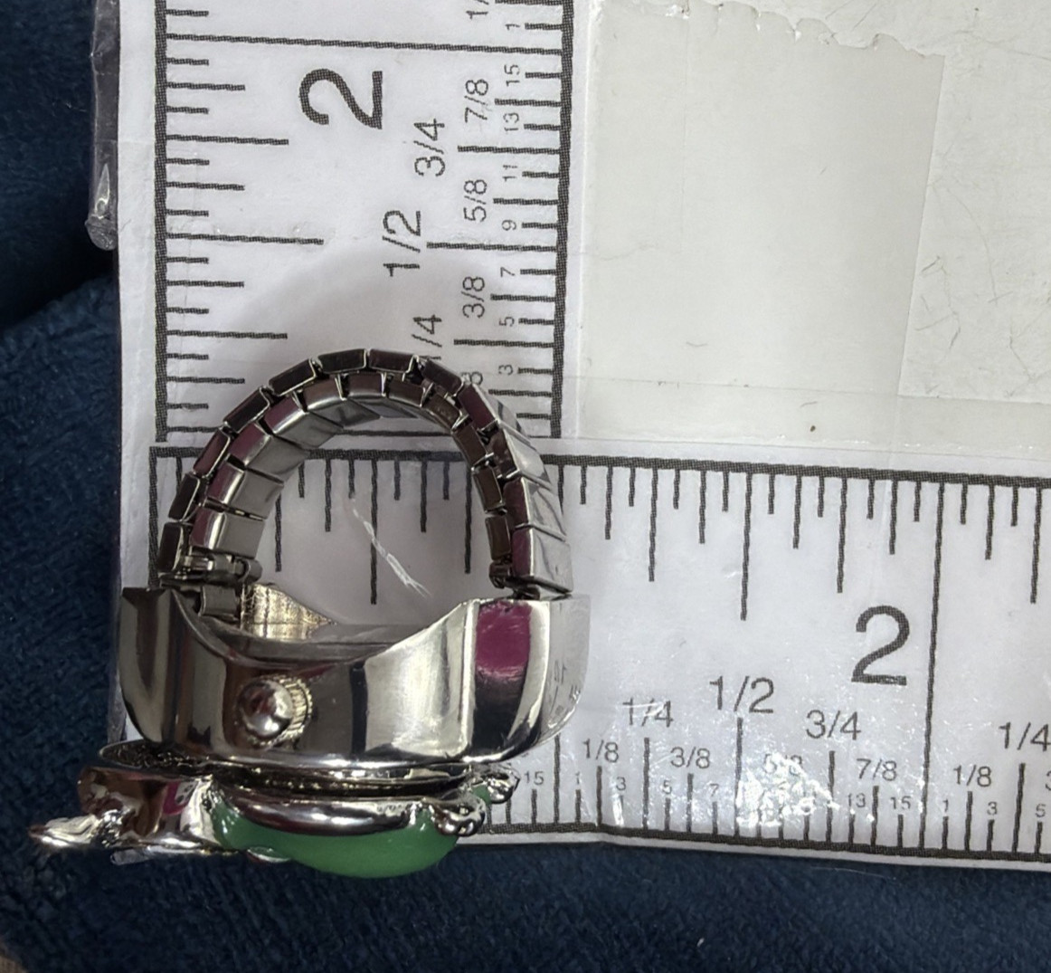 Strada Owl Ring Watch Adjustable Hidden Face Green Stone Rhinestones Silver Tone